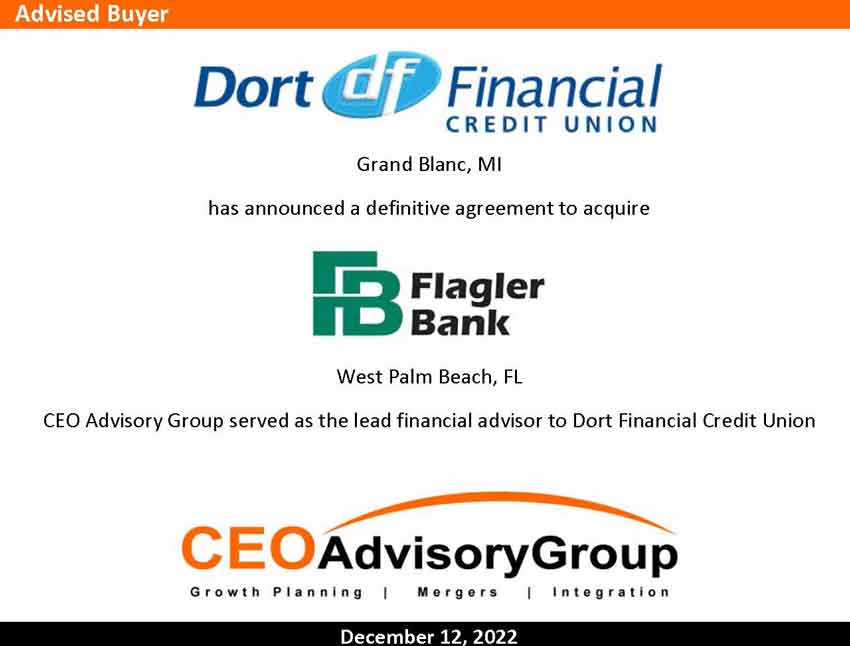 CEO Advisory Advises Dort Financial Credit Union in Agreement to Acquire Flagler Bank